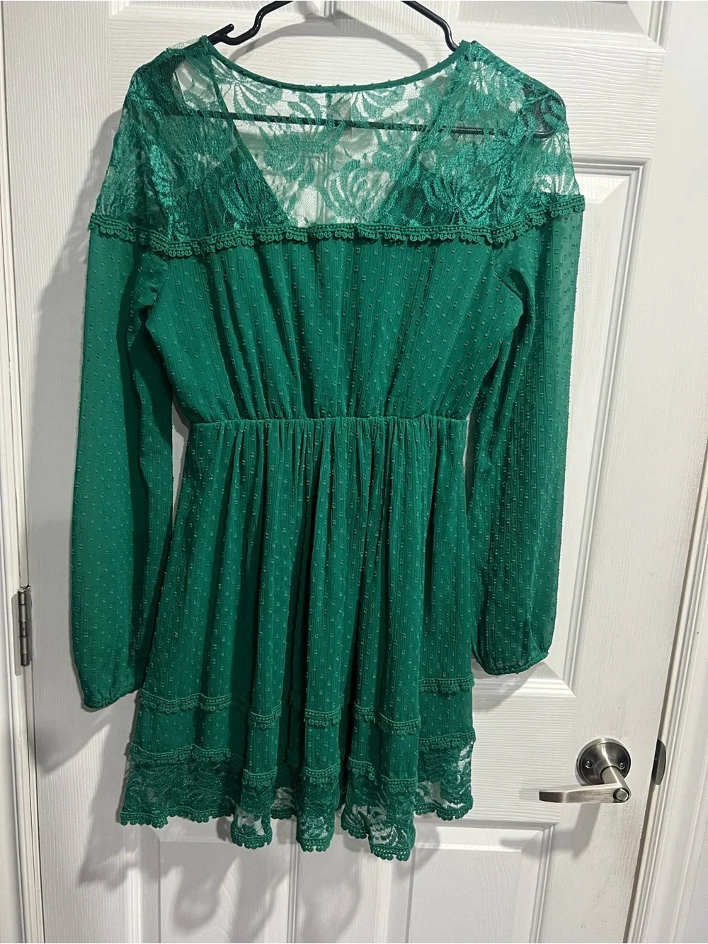 Villa Emerald Green Lace Long Sleeve V-Neck Fit & Flare Mini Dress Size XS - Picture 6 of 6